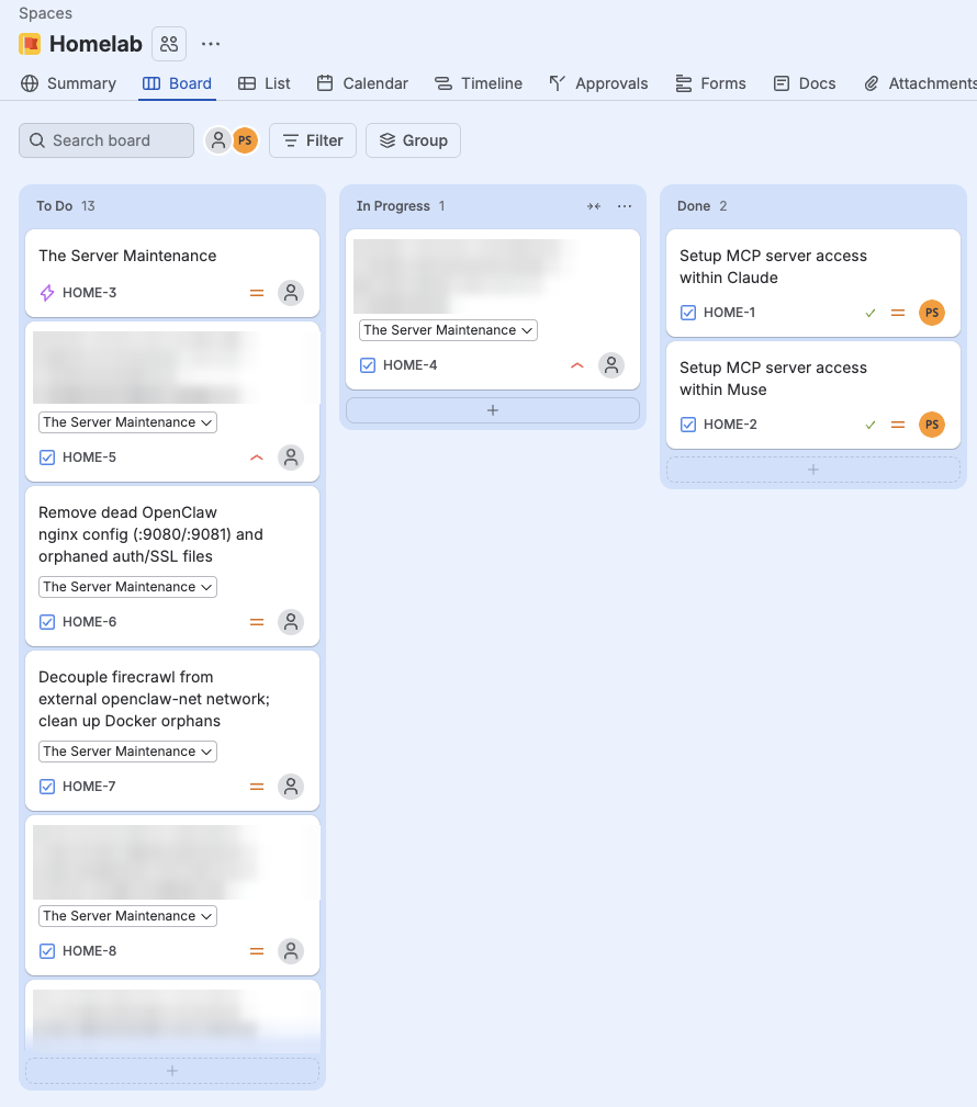Jira board for the Homelab project with To Do, In Progress and Done columns, showing Server Maintenance workstream tasks and the two completed MCP setup tickets